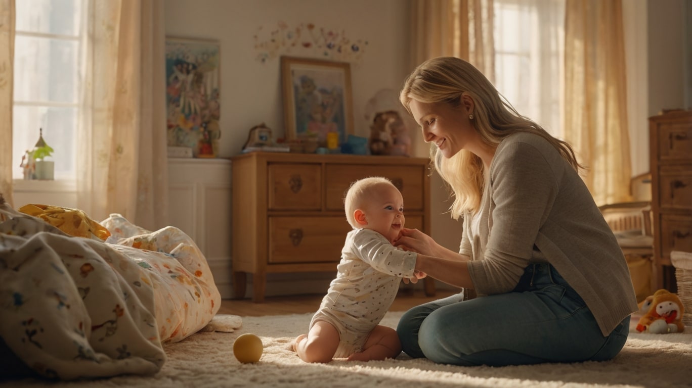 Muter spielt mit Baby im Kinderzimmer